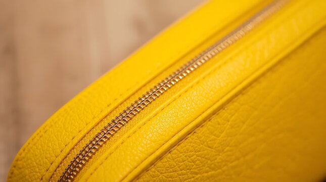 Close-up of a bright yellow leather bag with a brass zipper detail.
