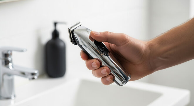 Man holding trimmer in clean bathroom preparing for grooming routine, personal hygiene and self care in modern lifestyle