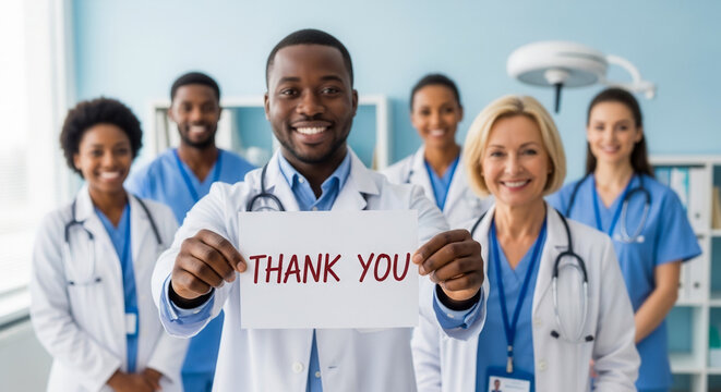 Smiling diverse healthcare team with African American doctor holding thank you sign, medical gratitude and appreciation for staff in hospital