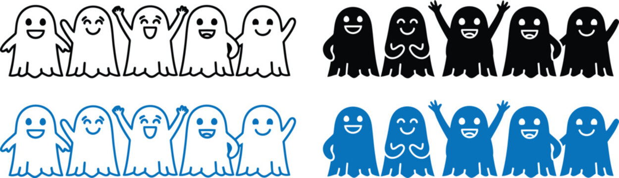 group of cartoon ghosts waving in various colors