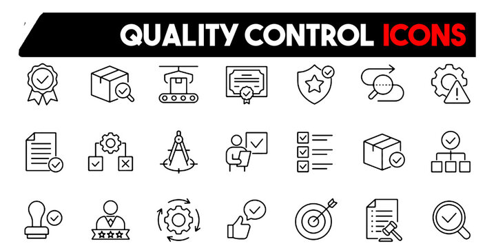 Quality Control Icon Evaluation Inspection Product Certificate Check Improve Assurance Process Testing Line Vector Illustration