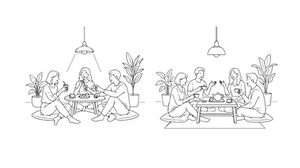 Obraz premium Minimalist line art of friends drinking tea and coffee, hand drawn people sitting on floor cushions, modern cafe interior vector illustration