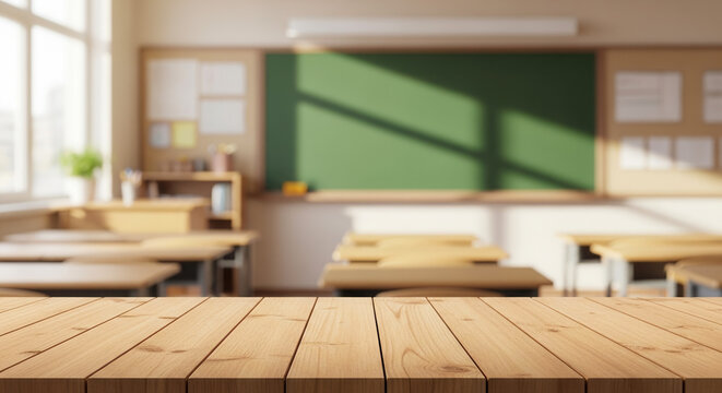 Empty wooden desk surface in school classroom with blurred background ideal for Classroom decorations September, back to school and education