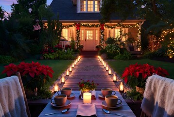Fototapeta premium Subject: A cozy and festive outdoor holiday setting with a wooden pathway illuminated by soft ground lights, surrounded by vibrant poinsettias and lush greenery, leading toward a house adorned with ga