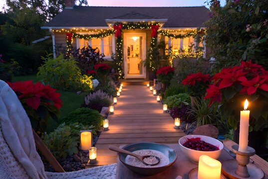 Subject: A cozy and festive outdoor holiday setting featuring a wooden pathway illuminated with soft ground lights, surrounded by vibrant poinsettias and lush greenery, leading toward a cozy house ado