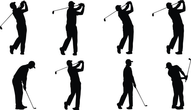 Golf player silhouettes swinging and playing