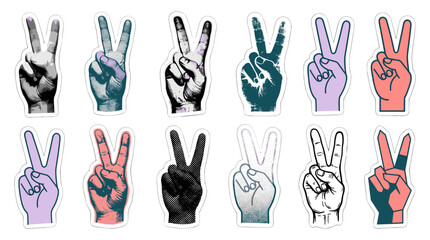 Fototapeta premium Collection of colorful hand gestures showing peace signs and victory signs in various styles