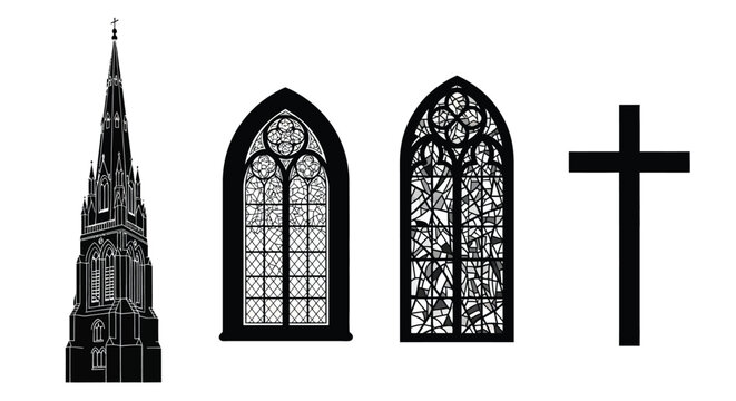 Church spire gothic windows and cross black silhouette