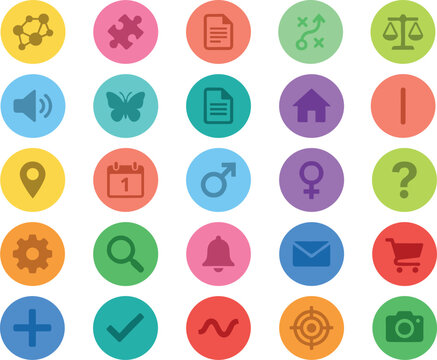 Round colorful flat icon set featuring business, web, navigation, shopping cart, calendar, and miscellaneous application user interface symbols.