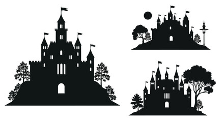 Obraz premium Medieval Castles With Trees And Hills Black Silhouette