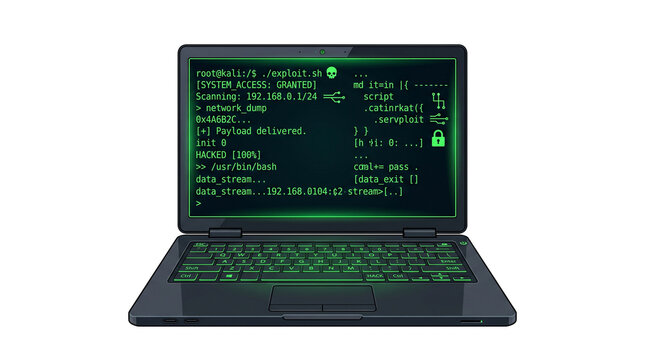 Cybersecurity laptop with green terminal code, hacker interface on computer screen, digital data breach and network security concept isolated PNG with Transparent Background
