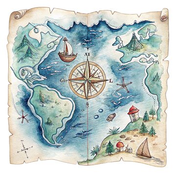 Watercolor illustration of an antique fantasy pirate map on parchment with compass and ships isolated on white.