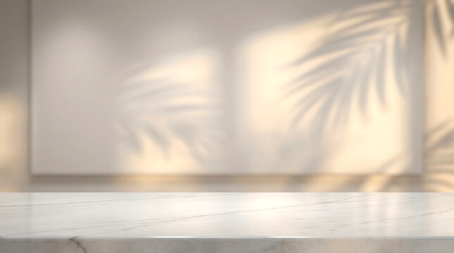 White Marble Tabletop Surface with Blurred Palm Tree Shadow Background for Summer Product Placement Mockup
