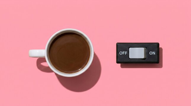 Morning coffee ritual with an 'OFF' switch, depicting the essential need for caffeine to activate and begin the day.