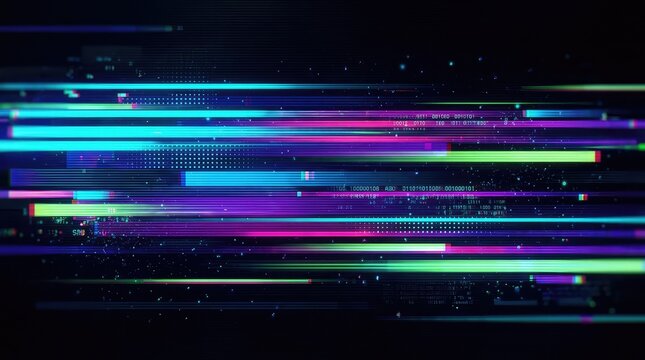 Cyberpunk Neon Light Data Stream Background with Glowing Bars, Digital Code Strings, and Floating Particles for Futuristic Visuals