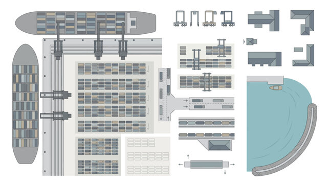 Top View Port Container Terminal Logistics Site Plan Vector Set Architecture AutoCAD Quay Crane Stacking Yard Maritime Clipart EPS Isolated White Background