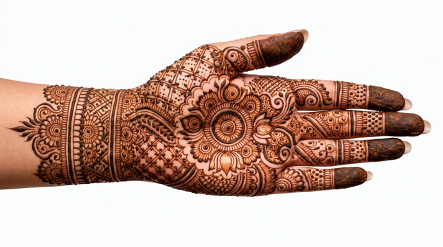 Intricate Bridal Henna Mehndi Hand Designs with Floral and Paisley Patterns Isolated on White Background