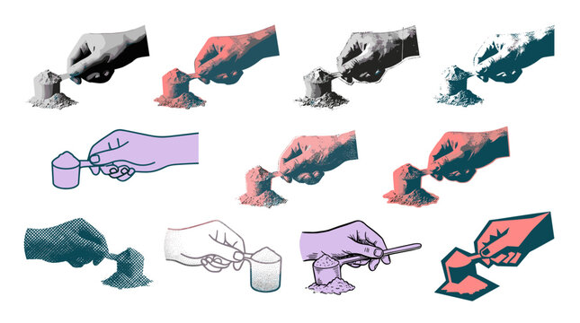 Collection of hands performing various tasks with tools and objects in different positions