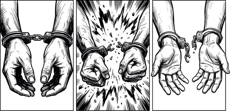 Vintage woodcut style illustration of hands breaking free from handcuffs representing freedom liberation and justice story comic panel.