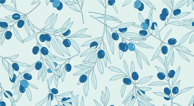 Artistic olive branch seamless pattern with olives in shades of blue and teal on a light background for stylish decor.