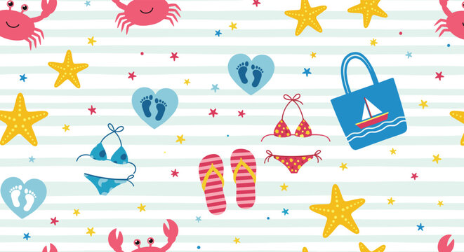 Summer beach pattern includes crabs starfish swimsuits flip-flops and bags on a light blue striped background for a fun vacation theme.
