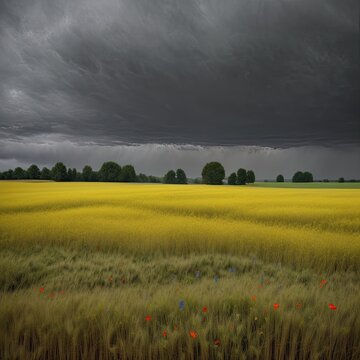 Rapeseed field photography in vivid yellow and dark stormy tones representing dramatic weather and contrast [with copy space]