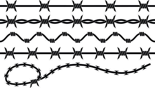Black barbed wire lines and sharp military fence spikes graphics collection for prison security barrier protective border design