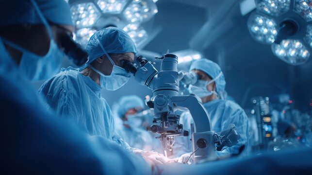 Surgeons performing delicate microsurgery under bright operating lights.
