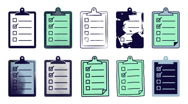Collection of colorful clipboards with checklists and papers in various shades and styles
