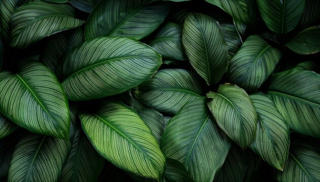 foliage of tropical leaf in dark green texture abstract pattern nature background