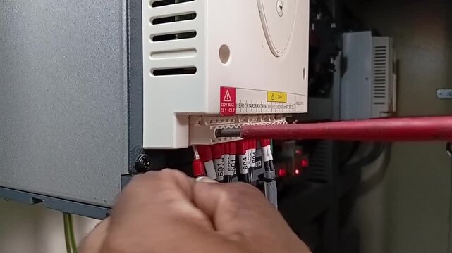 Inserting Electrical Control Wire Into Three Phase Soft Starter Terminal Block Using Insulated Screwdriver
