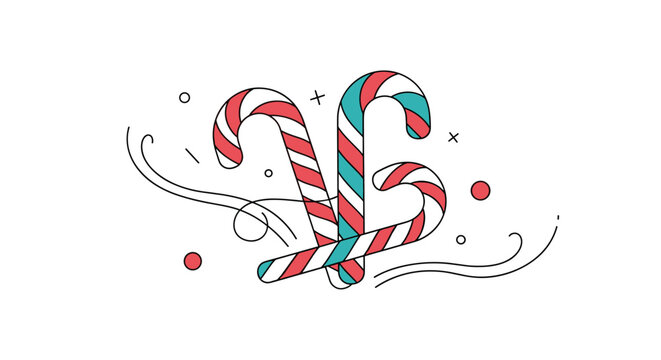 Three stylized candy canes with red teal and white stripes decorated with simple graphic circles and decorative swirls.