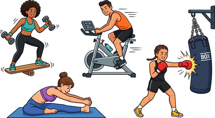 People engaging in various fitness activities with exercise equipment  woman on skateboard with dumbbells man on stationary bike woman stretching on mat woman boxing punching bag © Badhon