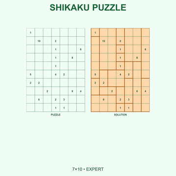 Expert 7x10 Shikaku logic puzzle with solution. Mint green background brain teaser with rectangular regions. Printable worksheet for adults