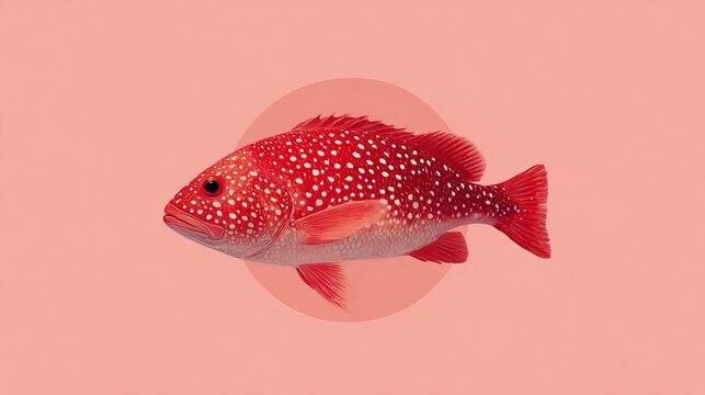 Vibrant red coral grouper fish with white spots isolated on a soft pink background in a detailed artistic digital illustration