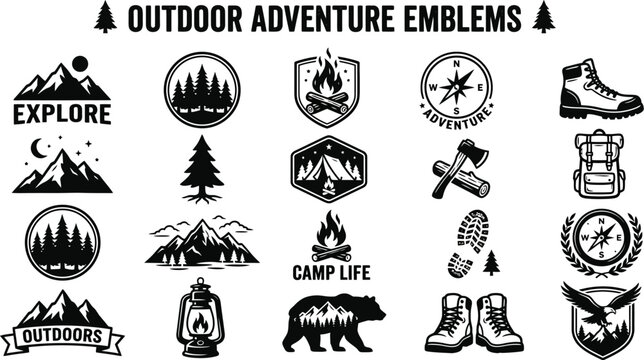 Outdoor adventure emblems and logos for camping hiking and exploration on white background