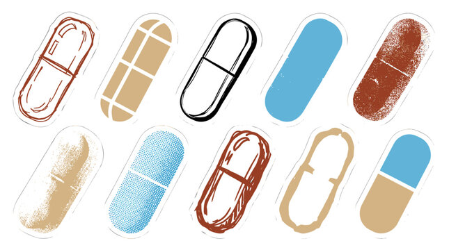 Collection of colorful capsule pills and tablets with various shapes and colors