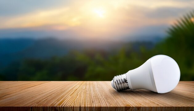 led light bulbs on wooden table with soft focus background