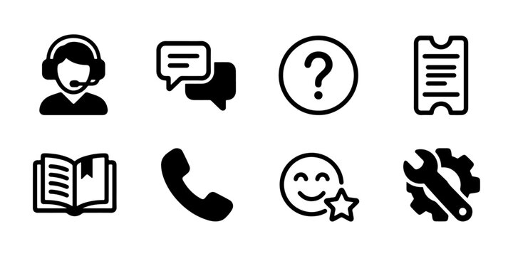 Customer support icon set with solid agent chat ticket FAQ phone rating and tools for helpdesk UI