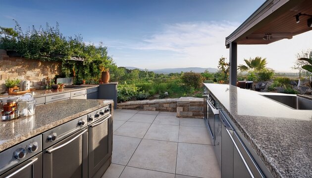 modern outdoor kitchen with stainless steel appliances and granite counters