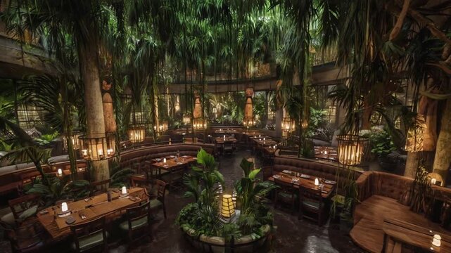 Jungle-themed restaurant with lots of plants.