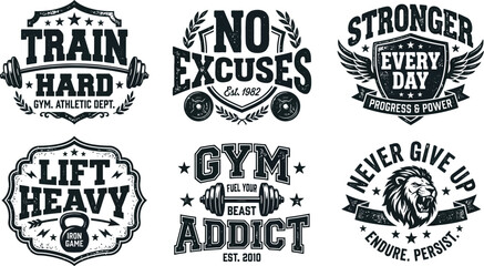 Obraz premium Black and white gym motivational quotes and logos with dumbbells and weights