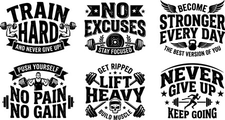 Obraz premium Black and white motivational gym quotes with dumbbells barbells and skulls