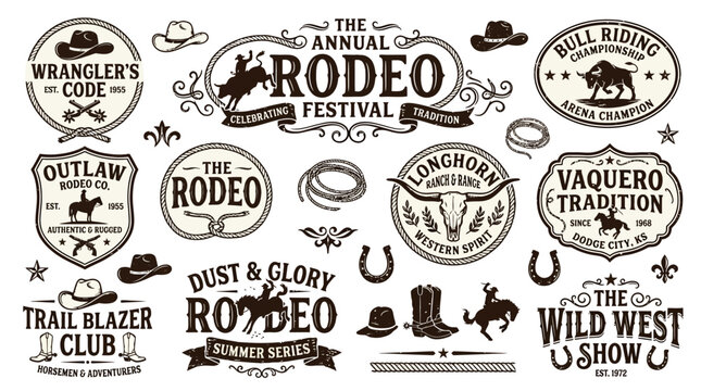 Rodeo festival and western themed graphic design elements with logos and icons  cowboy hats and horseshoes