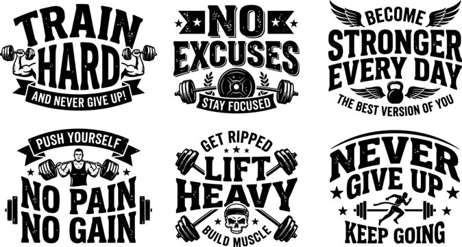 Black and white motivational gym quotes with dumbbells barbells and skulls