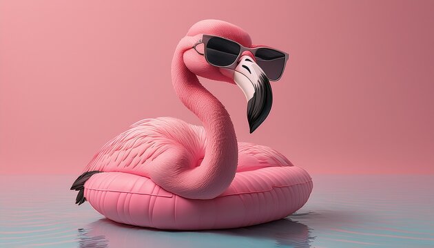 flamingo float with sunglasses on pastel pink background summer minimal concept 3d rendering