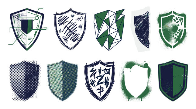 Collection of various shield emblems and crests with different designs and colors