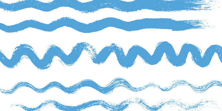 Set of blue wavy brush strokes and hand drawn ocean wave lines vector illustration graphic design.