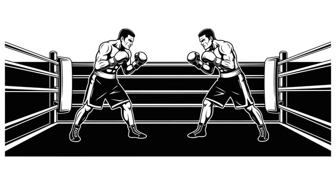 Two boxers are fighting in a boxing ring with ropes and turnbuckles.