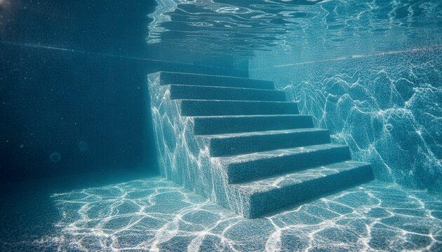 Underwater Pool Steps with Sunlit Ripples, Concept of Tranquility and Escape